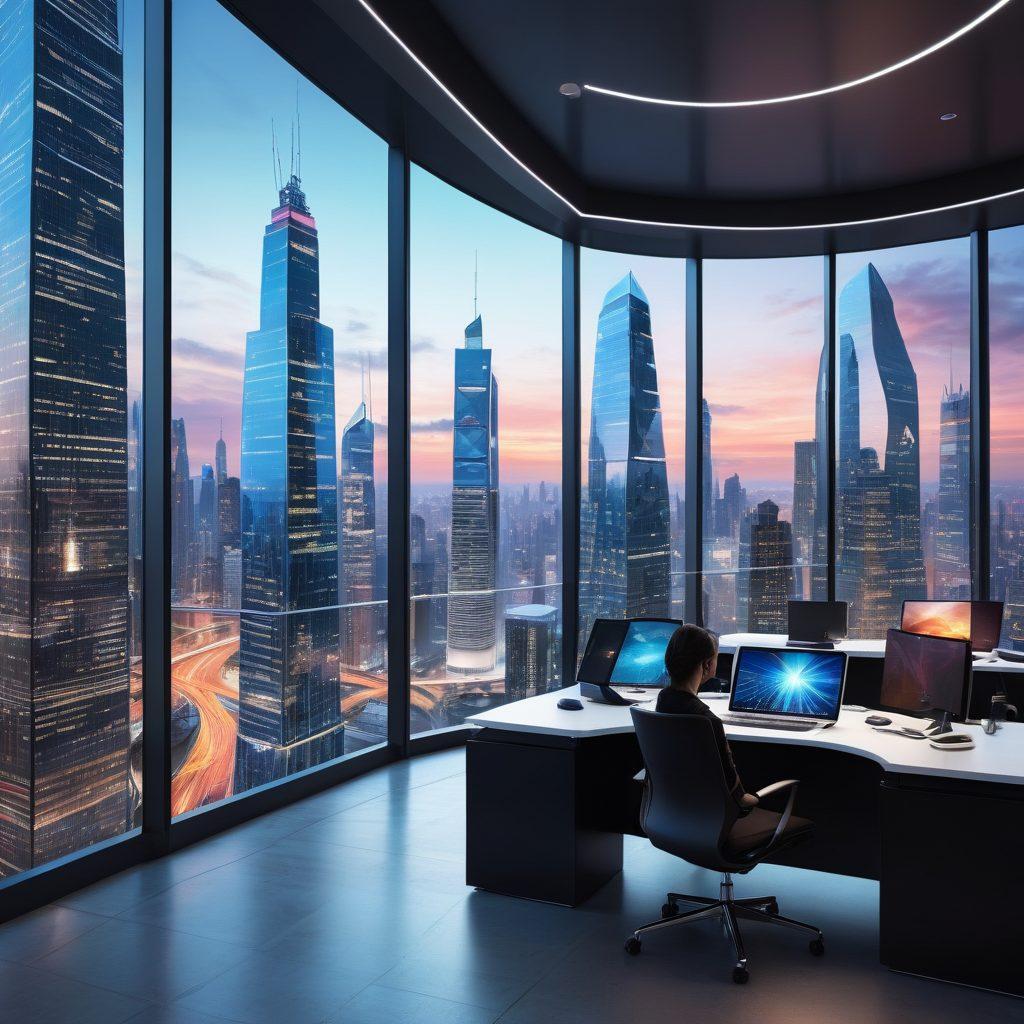 A futuristic office scene with professionals collaborating on digital tablets and holographic displays, highlighting seamless integration of e-commerce platforms and internet services. Emphasize sleek, modern technology and dynamic interactions, with an ethereal glow symbolizing innovation. Futuristic cityscape visible through the windows of the office. super-realistic. vibrant colors.