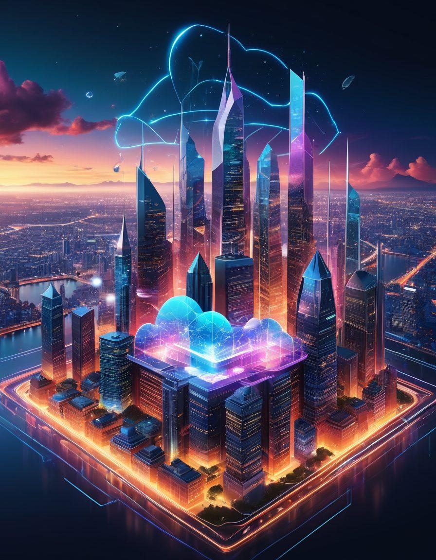 A dynamic, digitally-rendered illustration of a powerful, modern fortress radiating energy, representing 'Castillo Web Services'. Various interconnected digital icons such as cloud computing, analytics, and e-commerce orbiting around it. The background exhibits a futuristic cityscape with glistening skyscrapers, emphasizing technological advancement and digital success. vibrant colors. vector art.